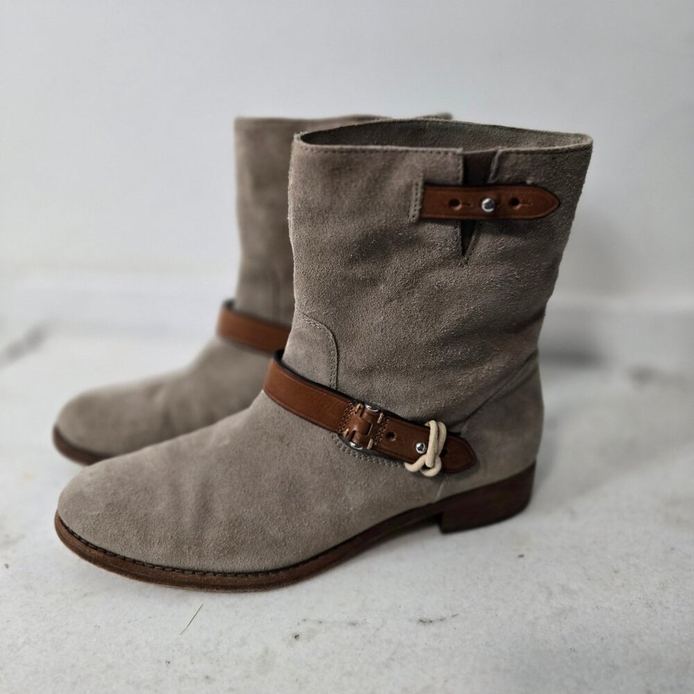 COACH Size 7.5 Amy Leather Taupe Low Stacked Heel Western Moto Boots Women's